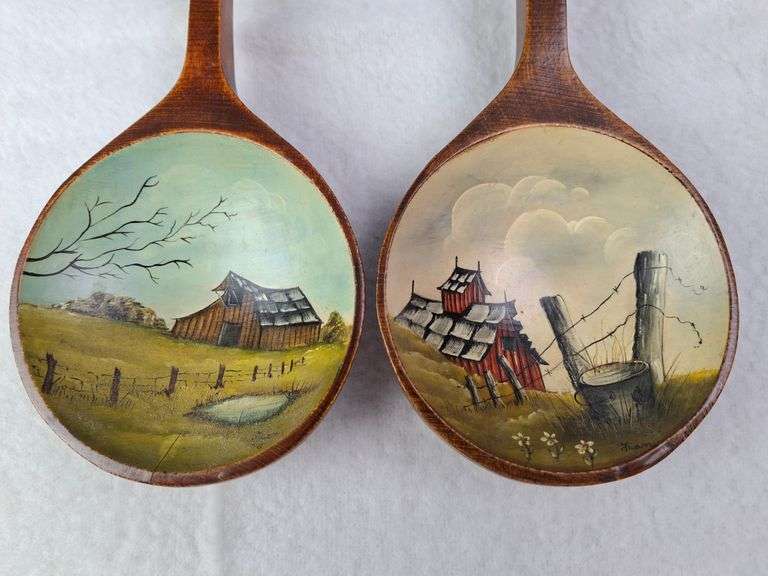 PAIR OF VINTAGE WOODEN SPOONS,  HAND PAINTED BARN LANDSCAPES, PAINTED BY FRAN, 15.5"L