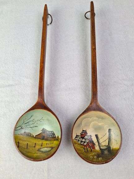 PAIR OF VINTAGE WOODEN SPOONS,  HAND PAINTED BARN LANDSCAPES, PAINTED BY FRAN, 15.5"L