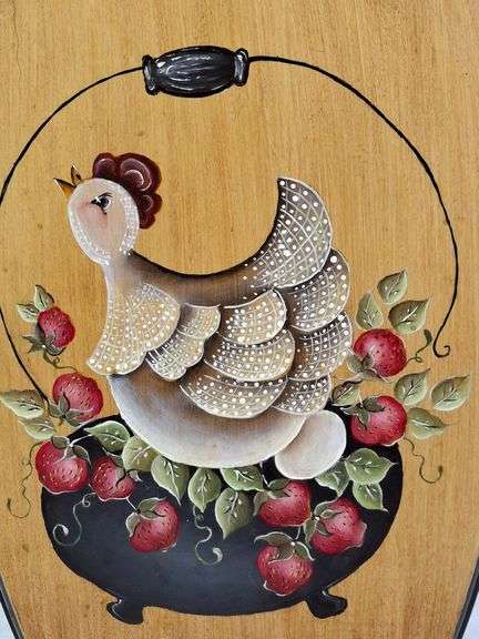 VINTAGE WOODEN BREAD BOARD, HAND PAINTED HEN AND STRAWBERRIES, SIGNED FRAN, 16".