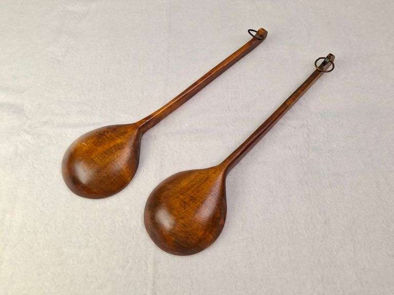 PAIR OF VINTAGE WOODEN SPOONS,  HAND PAINTED BARN LANDSCAPES, PAINTED BY FRAN, 15.5"L