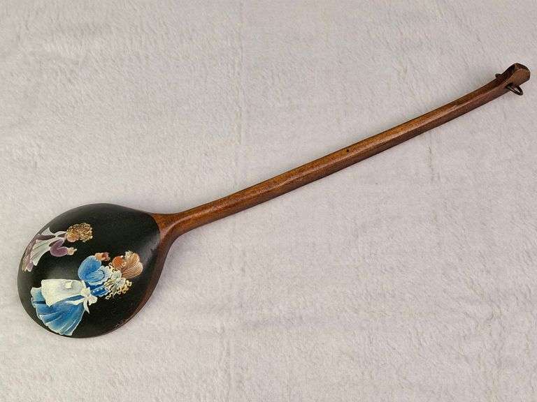VINTAGE HAND PAINTED WOODEN SPOON, WITH TWO LITTLE GIRLS EATING COOKIES, 19.5"L