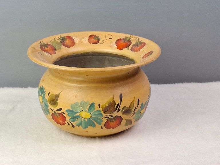VINTAGE NORWEGIAN TOLE PAINTED PLANTER / BOWL, hand-painted floral motifs, including blue flowers an