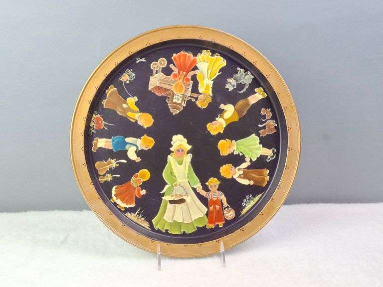1970s TOLE PAINTED FOLK ART TRAY, CHILDREN WITH CATS & DOGS, BLACK WITH GOLD, SIGNED FRAN '73, 13.5"