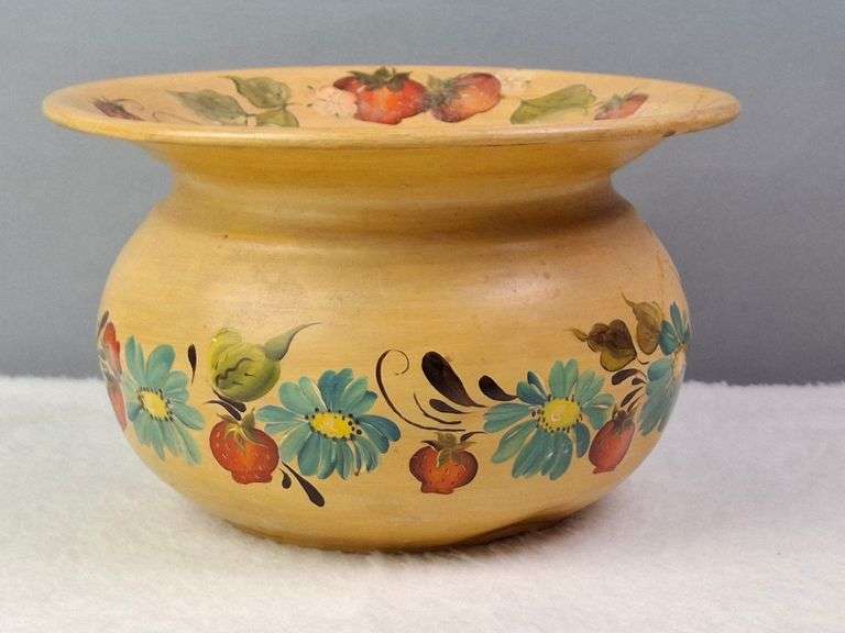 VINTAGE NORWEGIAN TOLE PAINTED PLANTER / BOWL, hand-painted floral motifs, including blue flowers an