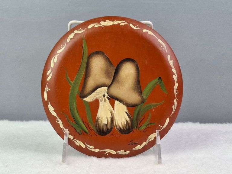 HAND PAINTED WOODEN MUSHROOM PLAQUE, SIGNED FRAN, 6"