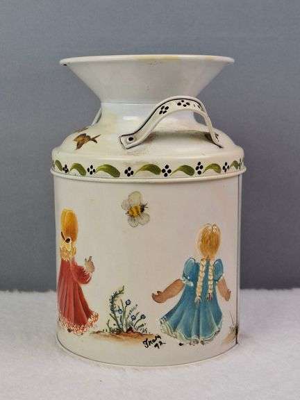 SMALL TOLE PAINTED METAL MILK CAN, SIGNED FRAN '92, 6".