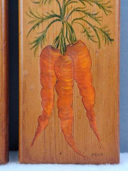 PAIR OF VINTAGE CHEESE / VEGGIES SERVING BOARDS, HAND PAINTED SPRING ONIONS AND CARROTS, SIGNED FRAN