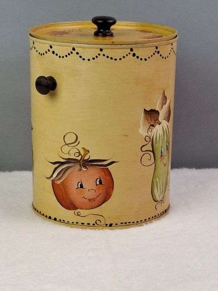 VEGGIE CANISTER / WASTE BIN WITH LID, HAND PAINTED VEGGIES WITH CUTE FACES, SIGNED FRAN '83, 8".