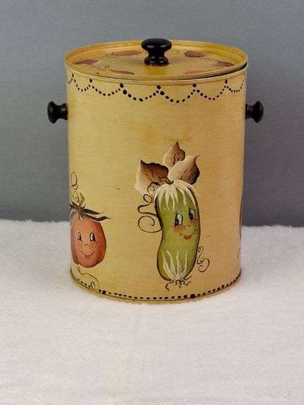 VEGGIE CANISTER / WASTE BIN WITH LID, HAND PAINTED VEGGIES WITH CUTE FACES, SIGNED FRAN '83, 8".