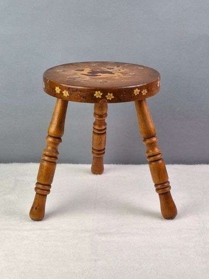 WOODEN MILKING STOOL, HAND PAINTED DAIRY COW WITH WHITE DAISIES, 11.5"H.
