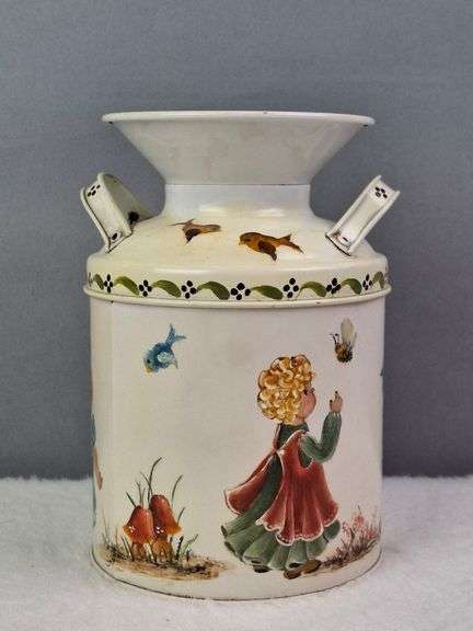 SMALL TOLE PAINTED METAL MILK CAN, SIGNED FRAN '92, 6".