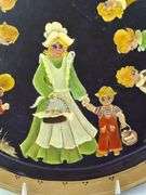 1970s TOLE PAINTED FOLK ART TRAY, CHILDREN WITH CATS & DOGS, BLACK WITH GOLD, SIGNED FRAN '73, 13.5"