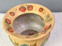 VINTAGE NORWEGIAN TOLE PAINTED PLANTER / BOWL, hand-painted floral motifs, including blue flowers an