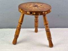 WOODEN MILKING STOOL, HAND PAINTED DAIRY COW WITH WHITE DAISIES, 11.5"H.