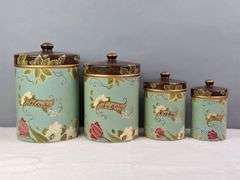 VINTAGE HAND PAINTED KITCHEN CANISTER SET, FLOUR, SUGAR, COFFEE, TEA, 10"H, 8.5"H, 6.5"H, 6"H
