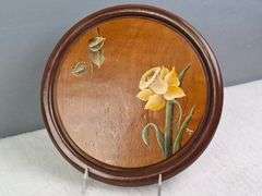 PAIR OF VINTAGE WOODEN SERVING BOARDS / WALL PLAQUES, HAND PAINTED TULIP AND DAFFODIL, SIGNED FRAN '