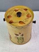 VEGGIE CANISTER / WASTE BIN WITH LID, HAND PAINTED VEGGIES WITH CUTE FACES, SIGNED FRAN '83, 8".