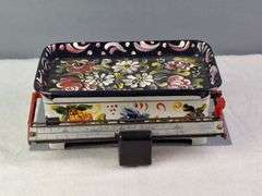VINTAGE GERMAN METAL SCALE WITH REMOVABLE TRAY, HAND PAINTED FLORAL DESIGN, 12.25" x 7.75" x 5".