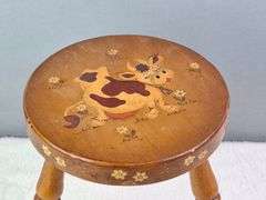 WOODEN MILKING STOOL, HAND PAINTED DAIRY COW WITH WHITE DAISIES, 11.5"H.