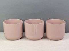 SET OF 3 GRADVIS PINK CERAMIC PLANT POTS, RIBBED SIDES, 5" X 5.75"