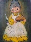 HAND PAINTED VINTAGE WOODEN BREAD BOARD, GRANDMA WITH HOMEMADE PIE, SIGNED FRAN '74, 13" X 6.75".
