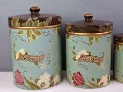 VINTAGE HAND PAINTED KITCHEN CANISTER SET, FLOUR, SUGAR, COFFEE, TEA, 10"H, 8.5"H, 6.5"H, 6"H