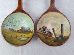 PAIR OF VINTAGE WOODEN SPOONS,  HAND PAINTED BARN LANDSCAPES, PAINTED BY FRAN, 15.5"L