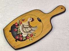 VINTAGE WOODEN BREAD BOARD, HAND PAINTED HEN AND STRAWBERRIES, SIGNED FRAN, 16".