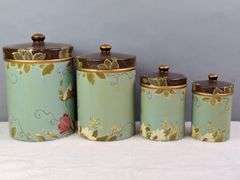 VINTAGE HAND PAINTED KITCHEN CANISTER SET, FLOUR, SUGAR, COFFEE, TEA, 10"H, 8.5"H, 6.5"H, 6"H