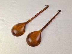 PAIR OF VINTAGE WOODEN SPOONS,  HAND PAINTED BARN LANDSCAPES, PAINTED BY FRAN, 15.5"L