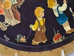 1970s TOLE PAINTED FOLK ART TRAY, CHILDREN WITH CATS & DOGS, BLACK WITH GOLD, SIGNED FRAN '73, 13.5"