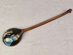 VINTAGE HAND PAINTED WOODEN SPOON, WITH TWO LITTLE GIRLS EATING COOKIES, 19.5"L