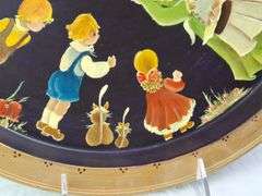 1970s TOLE PAINTED FOLK ART TRAY, CHILDREN WITH CATS & DOGS, BLACK WITH GOLD, SIGNED FRAN '73, 13.5"