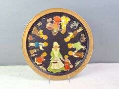 1970s TOLE PAINTED FOLK ART TRAY, CHILDREN WITH CATS & DOGS, BLACK WITH GOLD, SIGNED FRAN '73, 13.5"