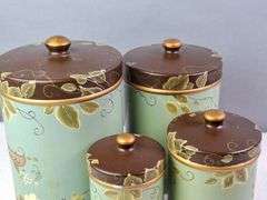 VINTAGE HAND PAINTED KITCHEN CANISTER SET, FLOUR, SUGAR, COFFEE, TEA, 10"H, 8.5"H, 6.5"H, 6"H