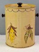 VEGGIE CANISTER / WASTE BIN WITH LID, HAND PAINTED VEGGIES WITH CUTE FACES, SIGNED FRAN '83, 8".