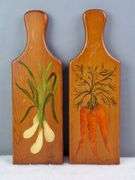 PAIR OF VINTAGE CHEESE / VEGGIES SERVING BOARDS, HAND PAINTED SPRING ONIONS AND CARROTS, SIGNED FRAN