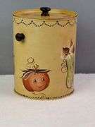 VEGGIE CANISTER / WASTE BIN WITH LID, HAND PAINTED VEGGIES WITH CUTE FACES, SIGNED FRAN '83, 8".