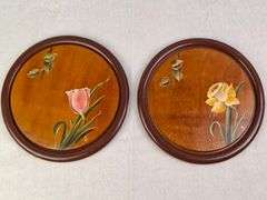 PAIR OF VINTAGE WOODEN SERVING BOARDS / WALL PLAQUES, HAND PAINTED TULIP AND DAFFODIL, SIGNED FRAN '