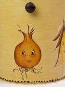 VEGGIE CANISTER / WASTE BIN WITH LID, HAND PAINTED VEGGIES WITH CUTE FACES, SIGNED FRAN '83, 8".