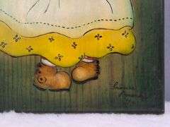 HAND PAINTED VINTAGE WOODEN BREAD BOARD, GRANDMA WITH HOMEMADE PIE, SIGNED FRAN '74, 13" X 6.75".