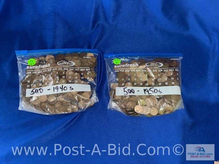 1000 Wheat Pennies, Owner Stated, "500- 1950's And 500- 1940's. From An Est
