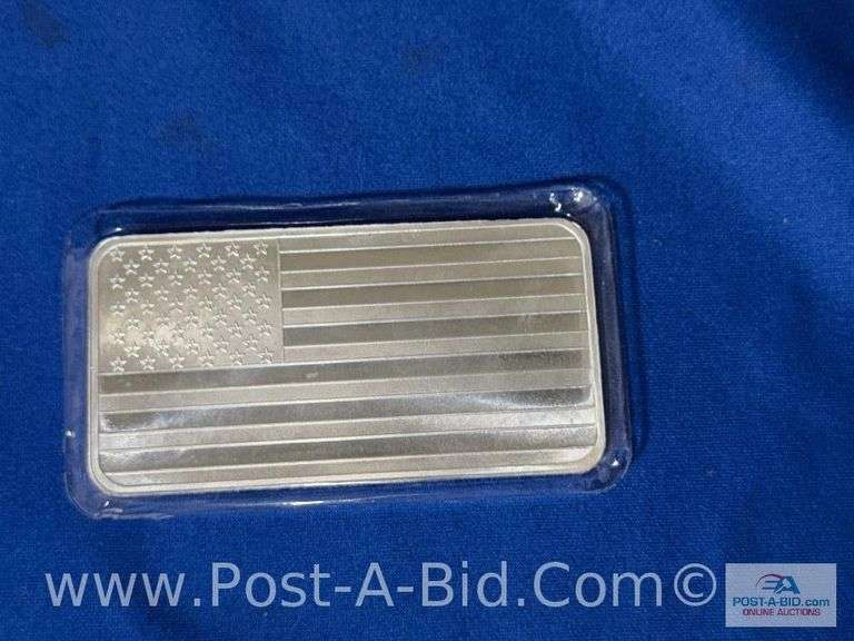 10 OZ. Bar Of .999 Fine Silver Bar. Ten Tray Ounces. American Flag Design On One Side. Bought From J