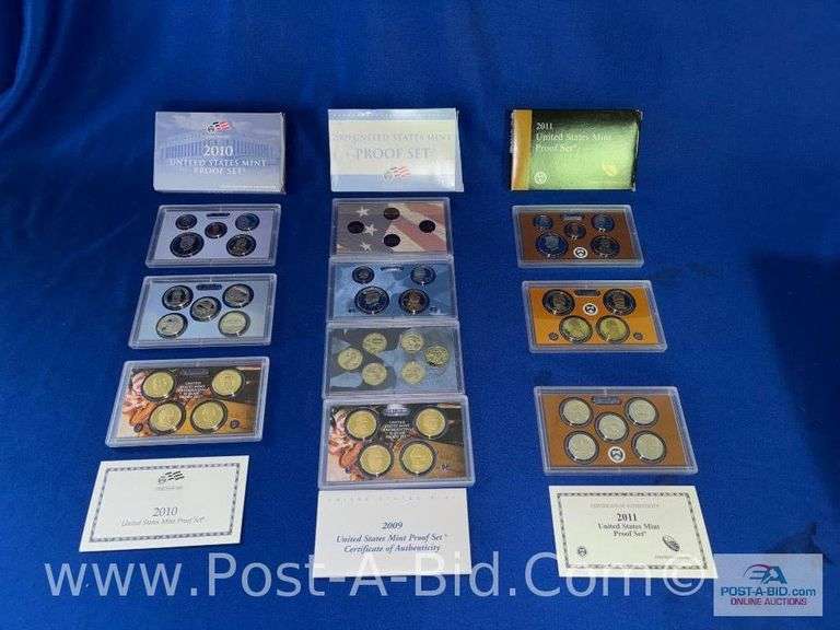 Set Of 3 US Mint Proof Sets (2009-2011), Includes Presidential Dollars, Sac