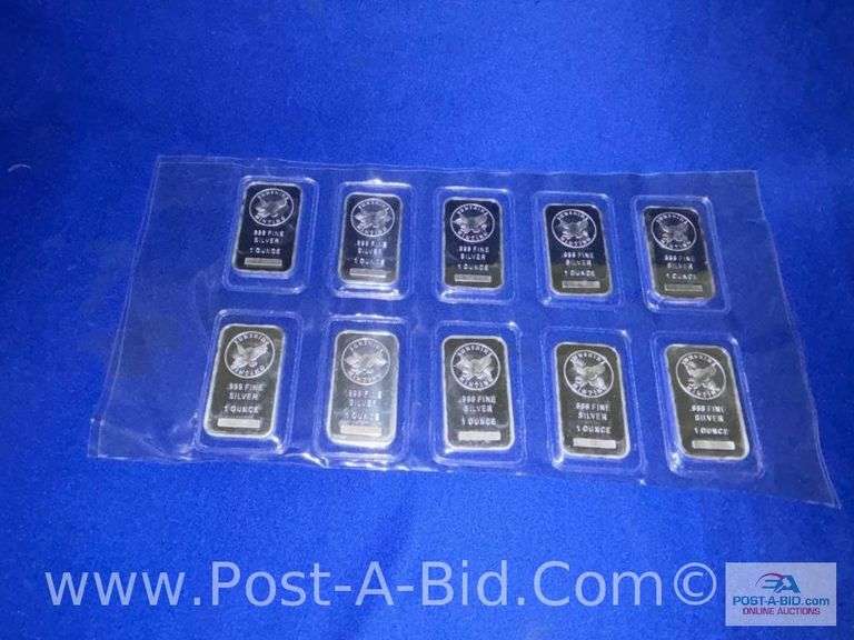 10- 1 OZ .999 Of Fine Silver Bars, Silver Towne Edition. 10 Total Ounces. B