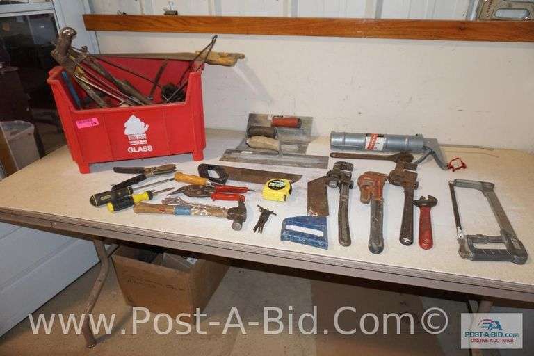 Large Lot Of Assorted Hand Tools, In Red Tote, Includes Pipe Wrenches, Hand
