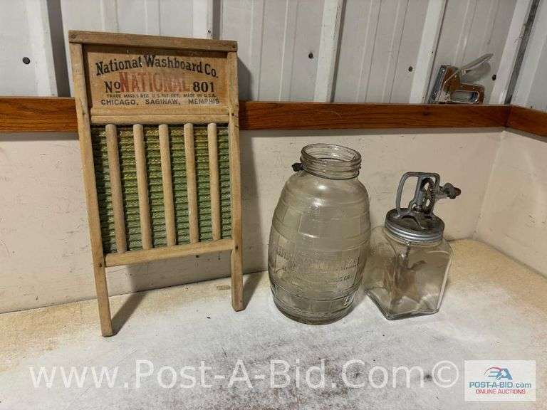 Antique Cream Churn, Large Antique Jar And National Wash Board.
