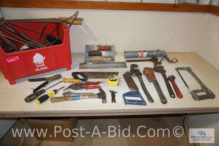 Large Lot Of Assorted Hand Tools, In Red Tote, Includes Pipe Wrenches, Hand