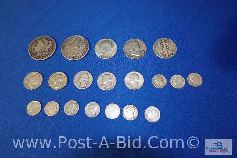 2-Silver Dollars 1899 and 1921, 3-Silver Halve Dollars 1937, 1957 and 1964,