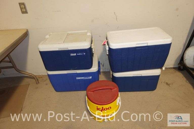 5-Coolers, 2-Coleman 48 qt., 2-Coleman 40 qt., 1-Beverage 3 Gallon Cooler.